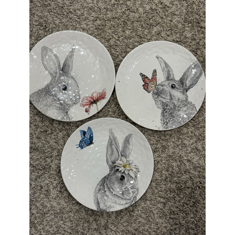 Pier 1 SKETCH BUNNY 8.5" Salad Plate Set Of 3 Rabbit Flower Butterfly Ladybug